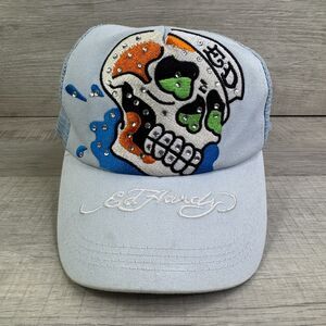 Vintage Tattoo Wear Ed Hardy Trucker Hat Blue Rhinestone Skull Snapback Cap